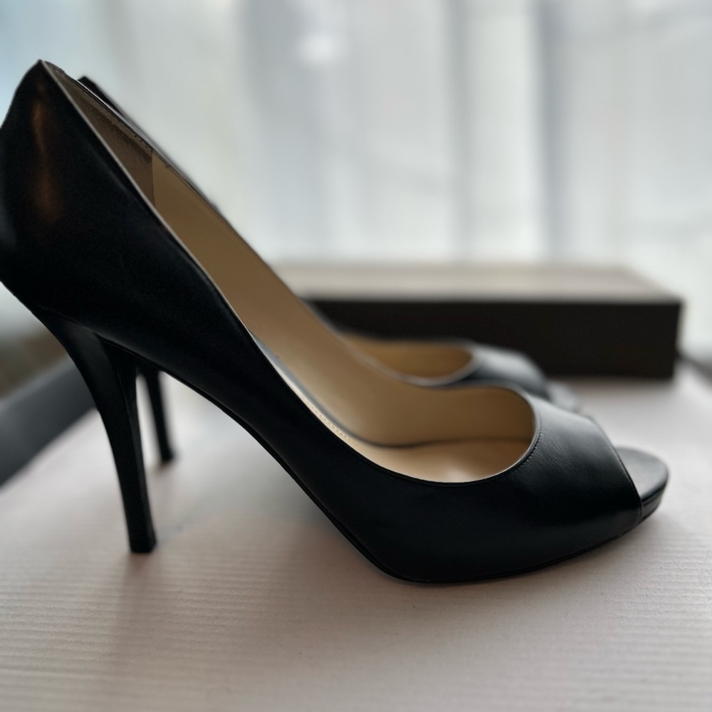 Black Peep Toe Dress Heels - Leather, hidden platform, size 8.5